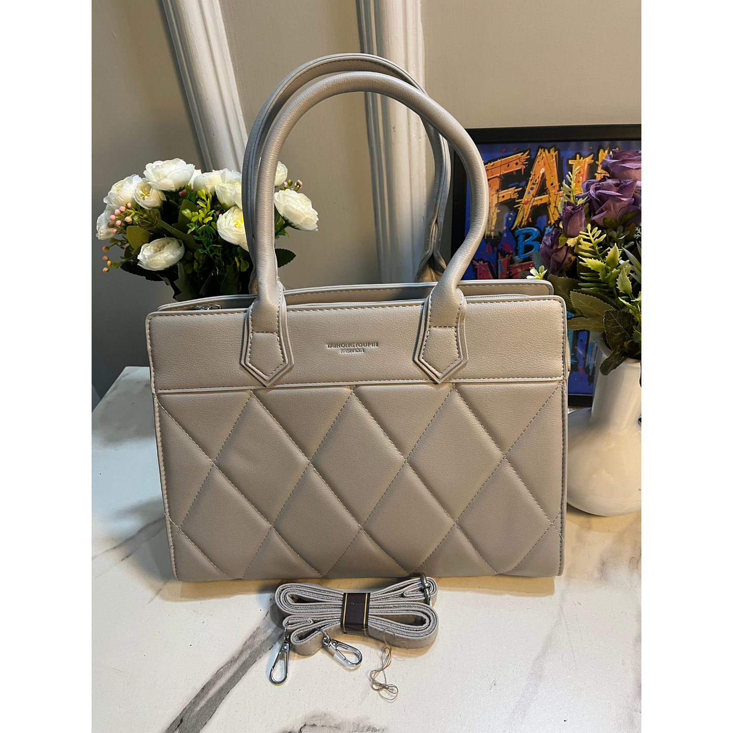 Quilted Carryall Grey Tote Bag
