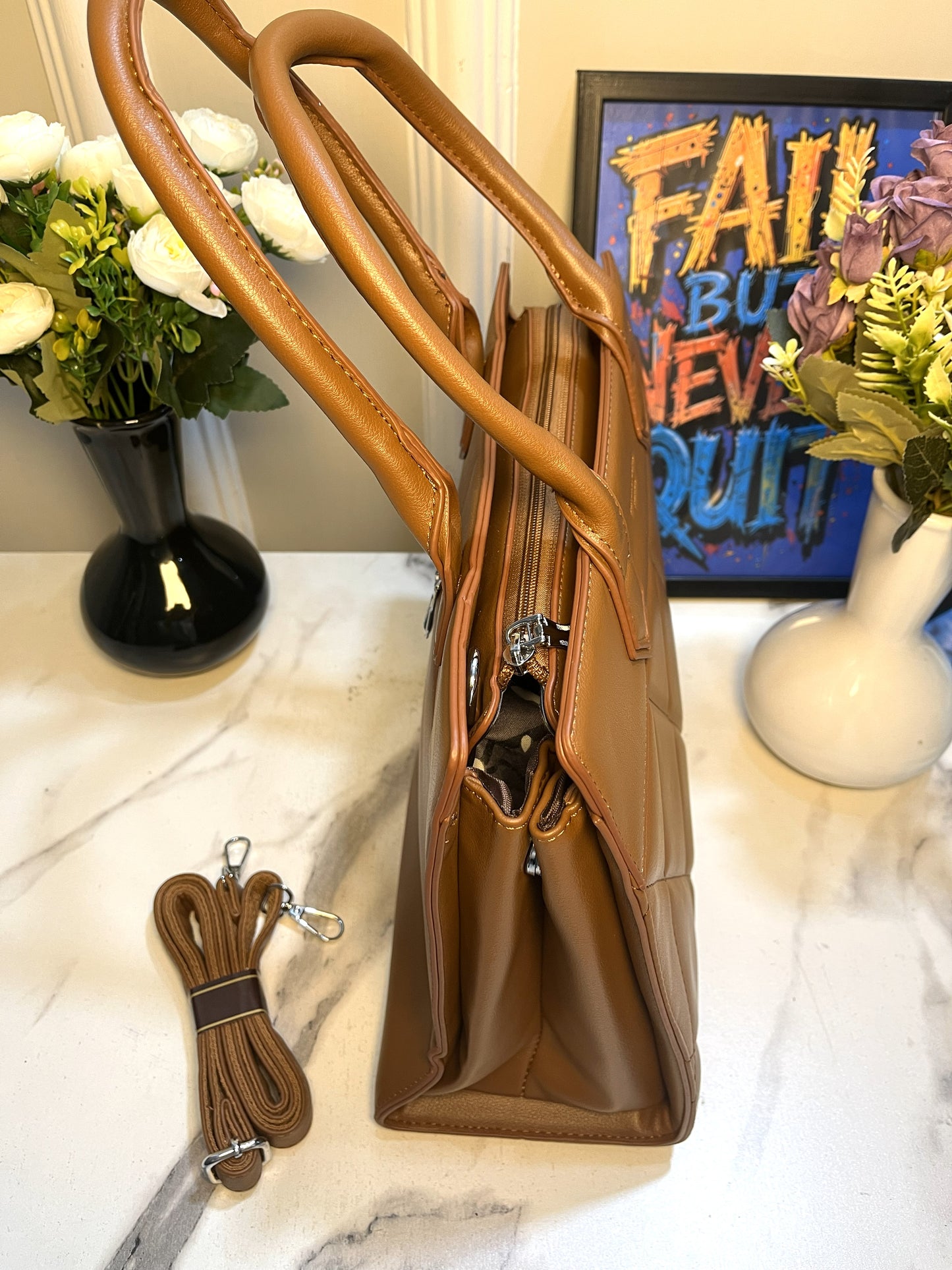 Quilted Carryall Brown Tote Bag